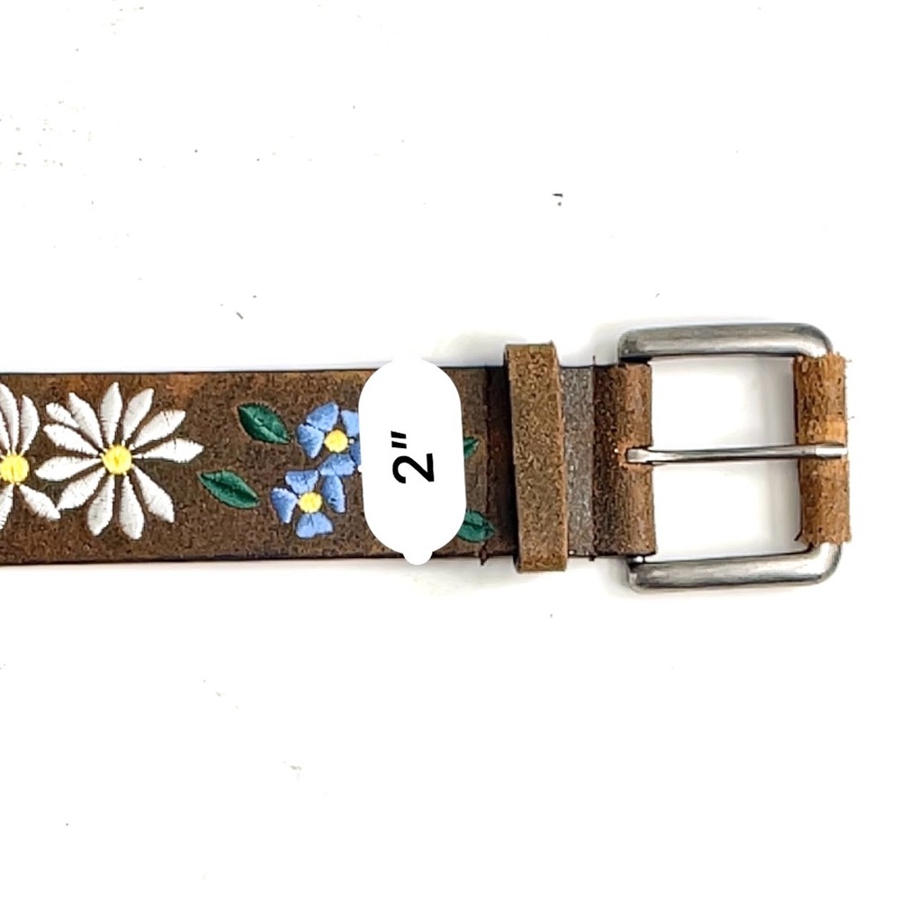 Brown Suede Floral Embroidered Belt with Silver Buckle - Picture 7 of 12
